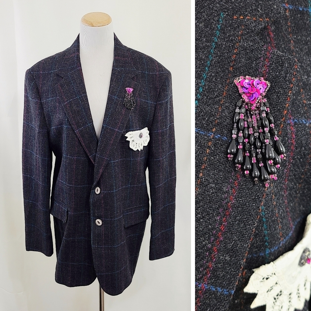 Vintage black rainbow wool blazer jacket upcycled beaded plaid oversized